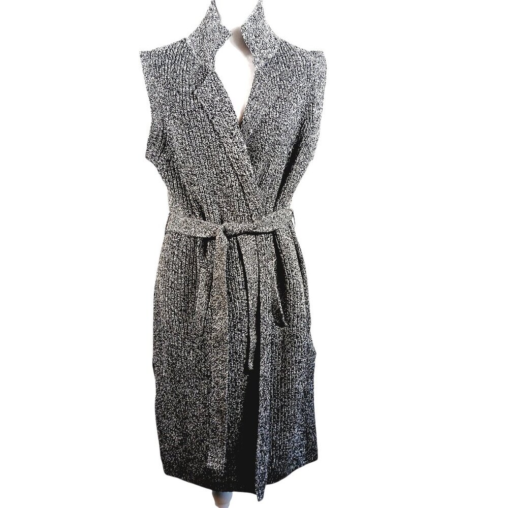 Joan Rivers, Black & White Marled Knit Sleeveles Cardigan Sweater Duster, Sz LRG